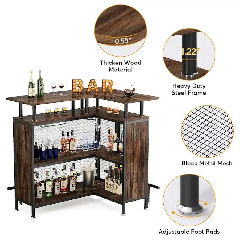 L-förmige Hausbar, Spirituosen-Bartisch mit 2-stufigem Stauraum - N/A