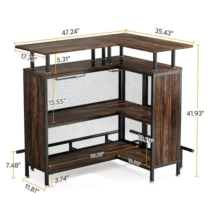 L-förmige Hausbar, Spirituosen-Bartisch mit 2-stufigem Stauraum - N/A