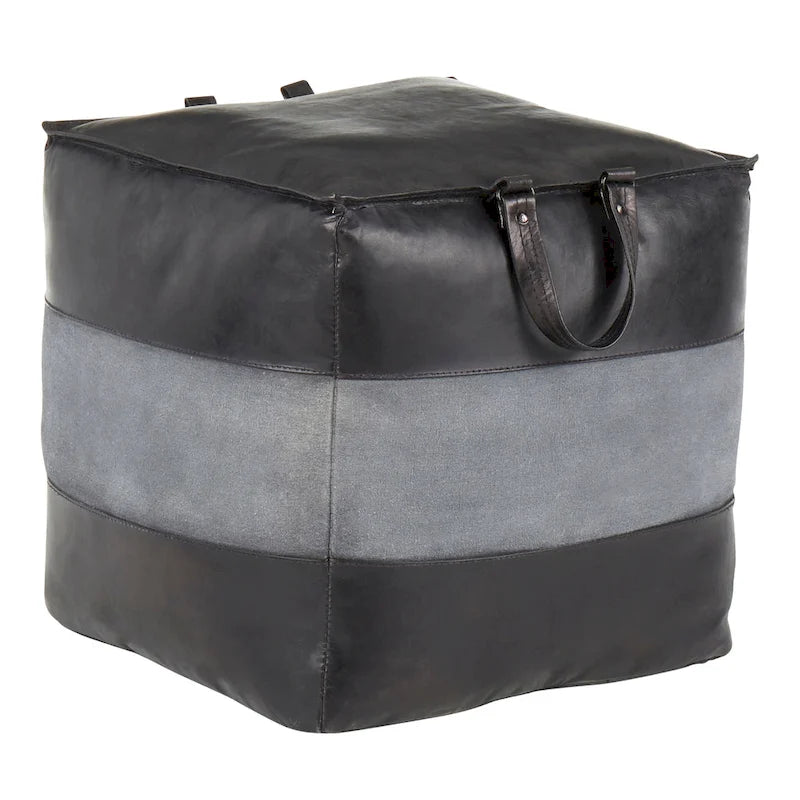 Pouf ottomano industriale in pelle e tela