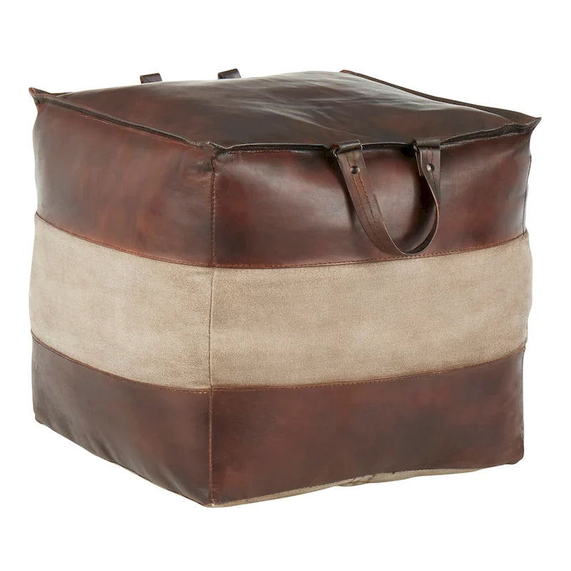 Pouf ottomano industriale in pelle e tela