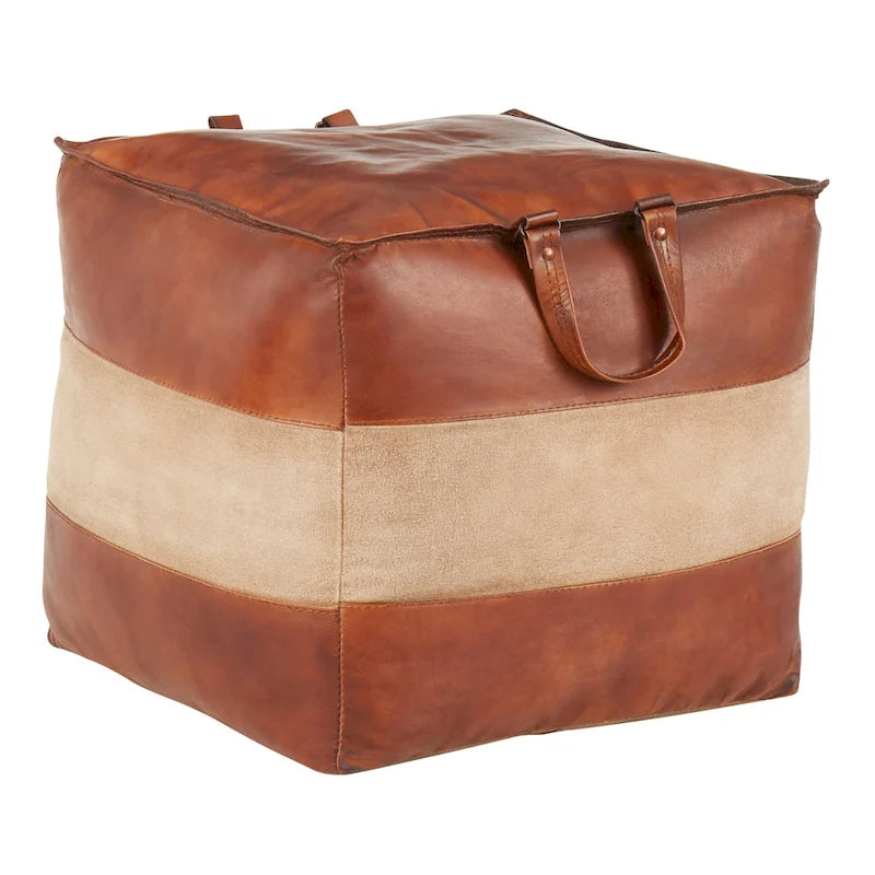Pouf ottomano industriale in pelle e tela