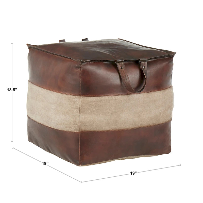 Pouf ottomano industriale in pelle e tela