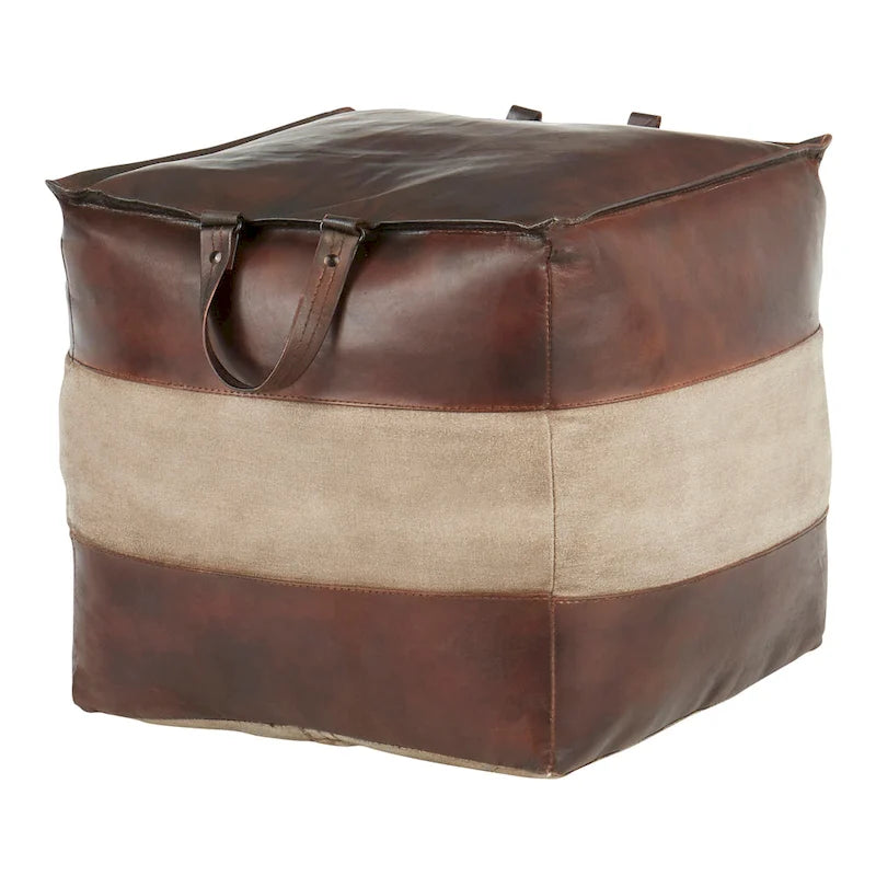 Pouf ottomano industriale in pelle e tela