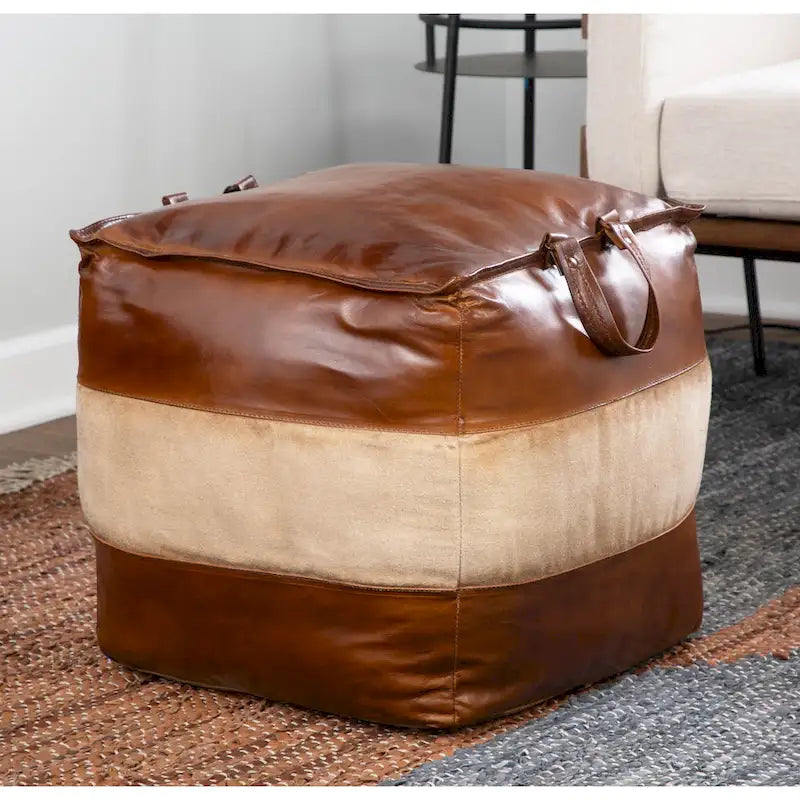 Pouf ottomano industriale in pelle e tela