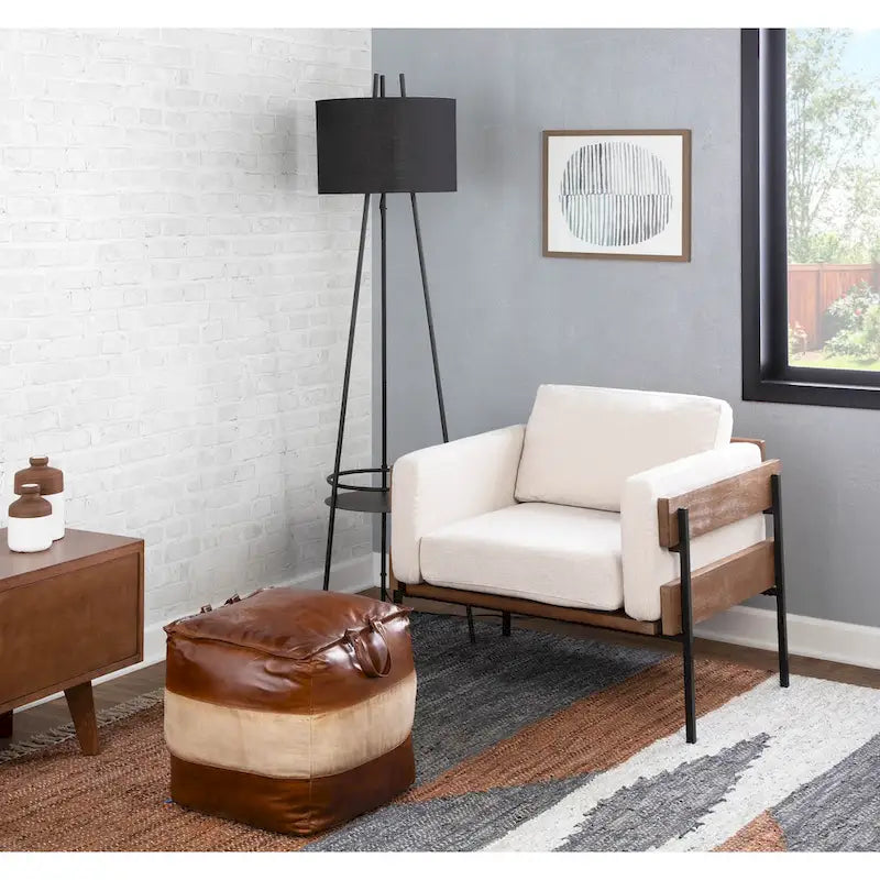 Pouf ottomano industriale in pelle e tela
