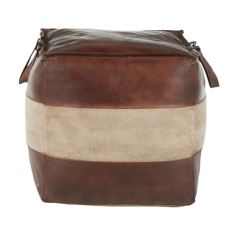 Pouf ottomano industriale in pelle e tela