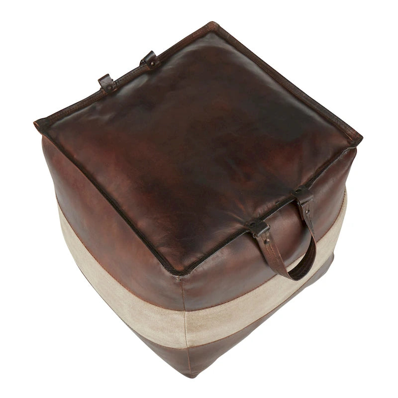 Pouf ottomano industriale in pelle e tela