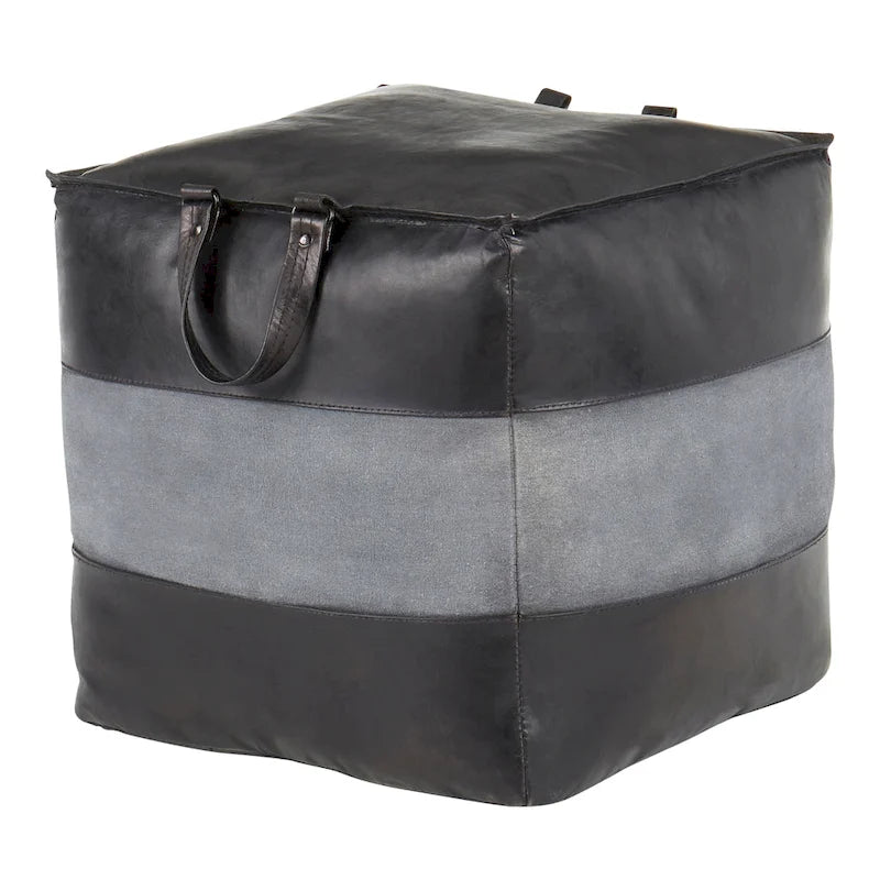 Pouf ottomano industriale in pelle e tela