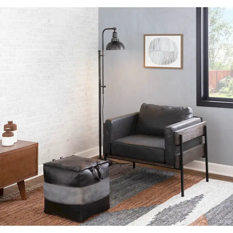 Pouf ottomano industriale in pelle e tela