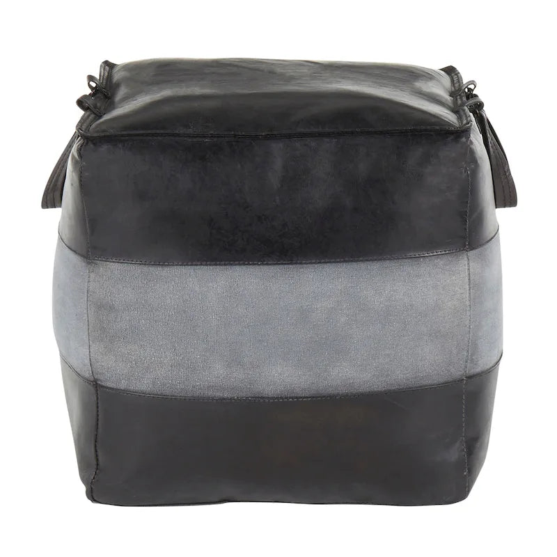 Pouf ottomano industriale in pelle e tela