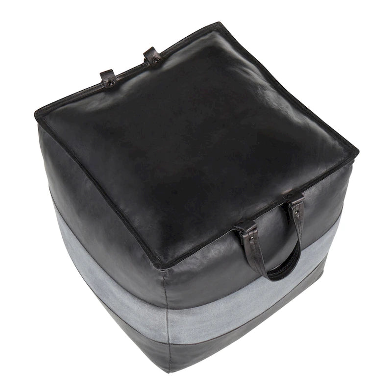 Pouf ottomano industriale in pelle e tela