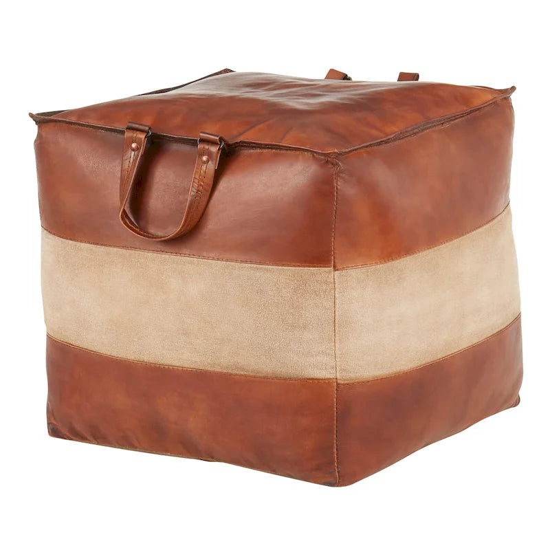 Pouf ottomano industriale in pelle e tela