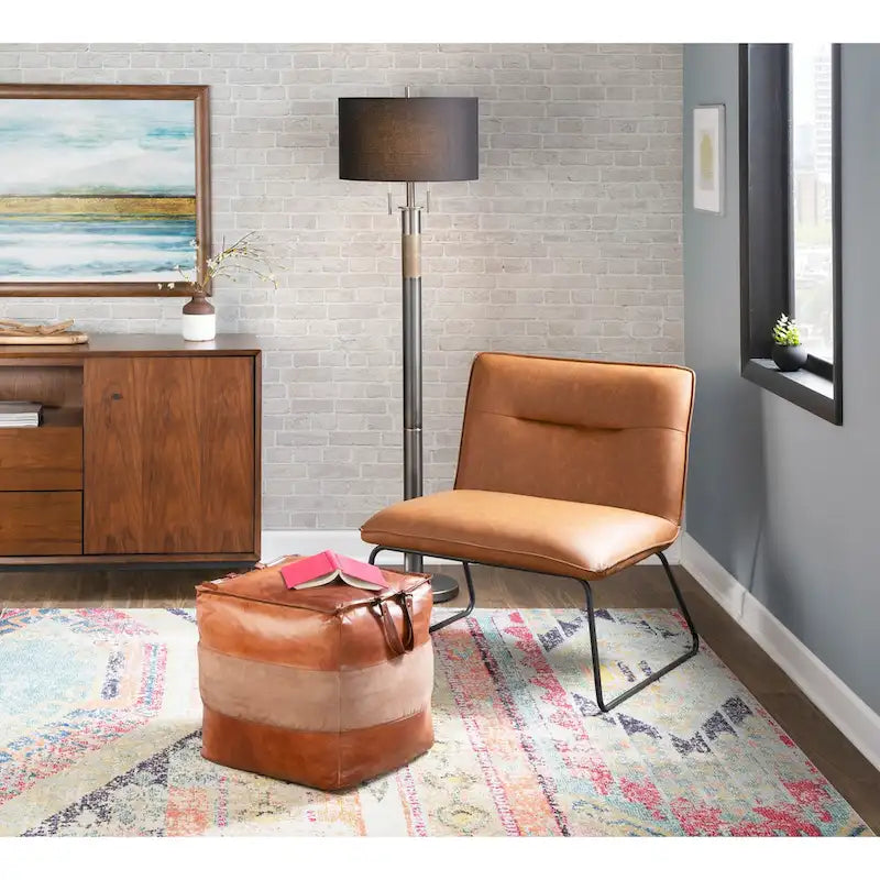 Pouf ottomano industriale in pelle e tela