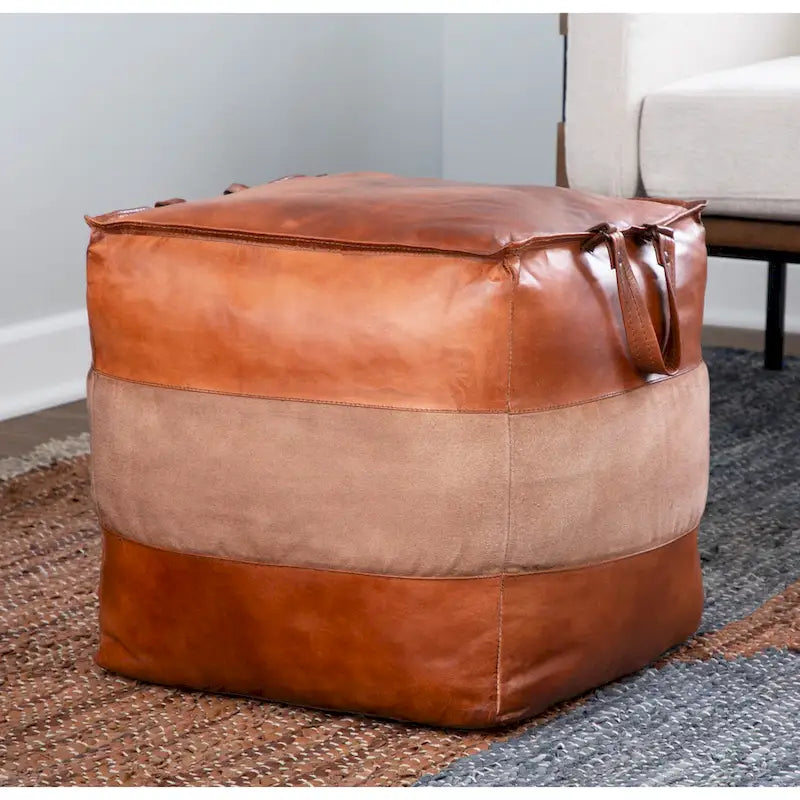 Pouf ottomano industriale in pelle e tela