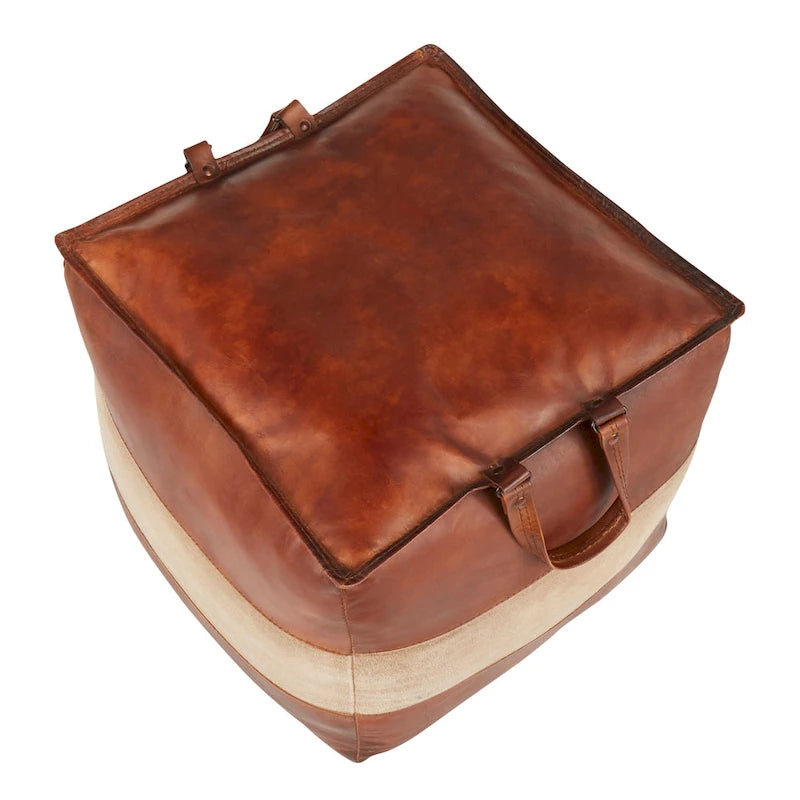 Pouf ottomano industriale in pelle e tela