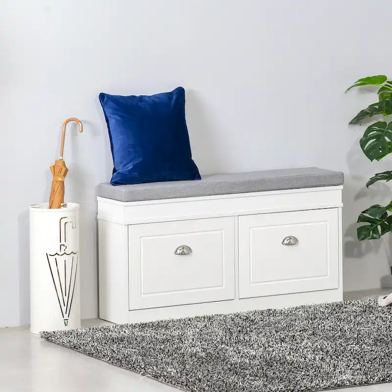 Schuhbank mit Schuhablage für den Eingangsbereich, Aufbewahrungsorganizer mit Polster, 2 Schubladen und verstellbarem Einlegeboden, Weiß - 41 x 9.5 x 21.75