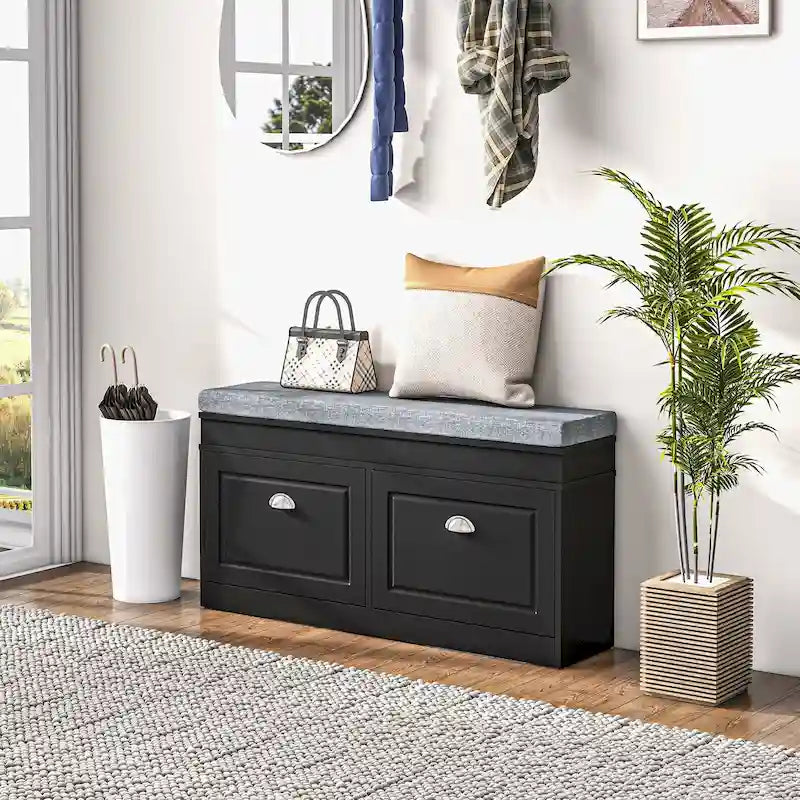 Schuhbank mit Schuhablage für den Eingangsbereich, Aufbewahrungsorganizer mit Polster, 2 Schubladen und verstellbarem Einlegeboden, Weiß - 41 x 9.5 x 21.75
