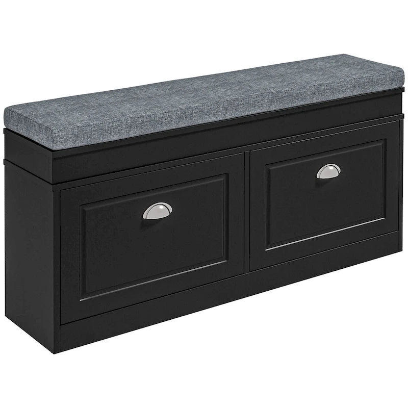 Schuhbank mit Schuhablage für den Eingangsbereich, Aufbewahrungsorganizer mit Polster, 2 Schubladen und verstellbarem Einlegeboden, Weiß - 41 x 9.5 x 21.75