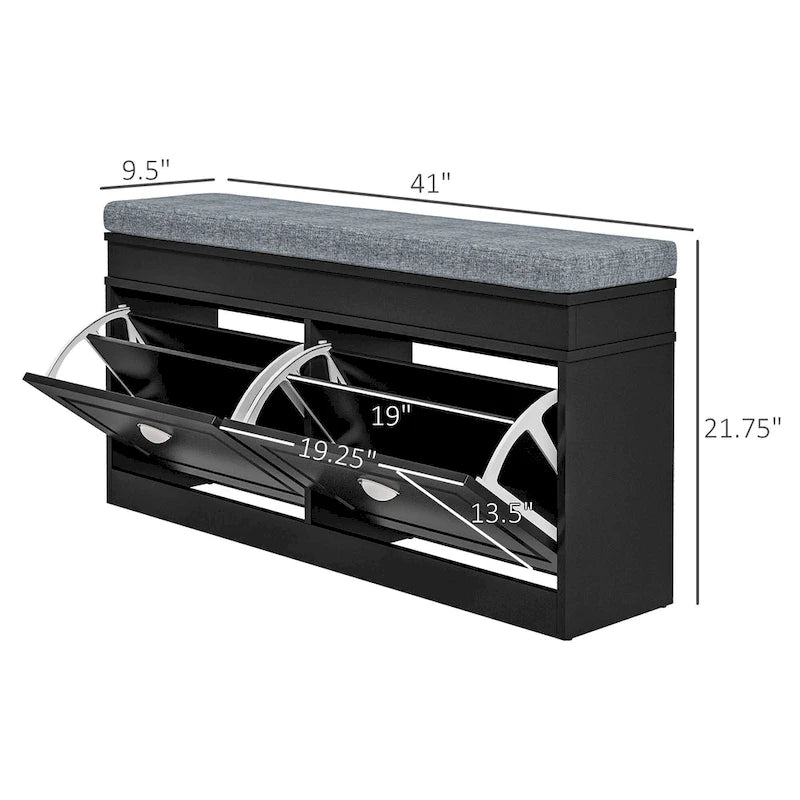 Schuhbank mit Schuhablage für den Eingangsbereich, Aufbewahrungsorganizer mit Polster, 2 Schubladen und verstellbarem Einlegeboden, Weiß - 41 x 9.5 x 21.75