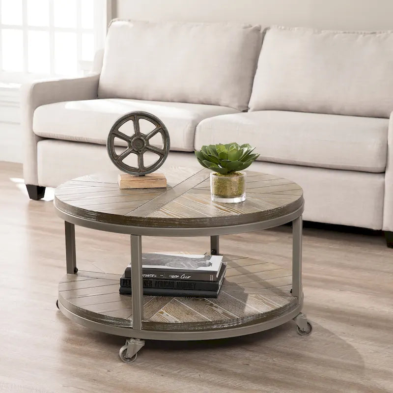 Industrial Rustic Round Wood Coffee Table with Shelf