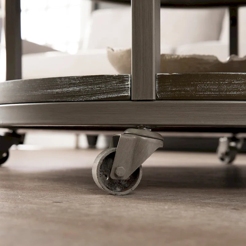 Industrial Rustic Round Wood Coffee Table with Shelf