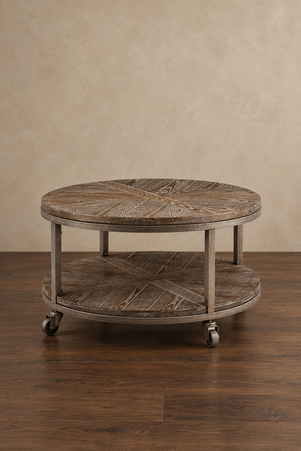 Industrial Rustic Round Wood Coffee Table with Shelf