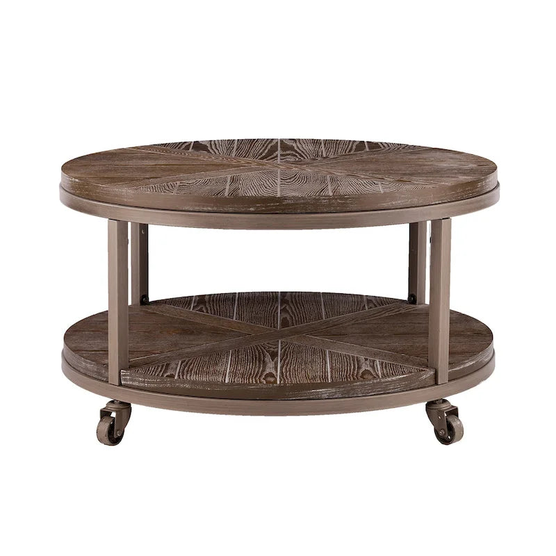 Table basse ronde industrielle rustique en bois avec étagère