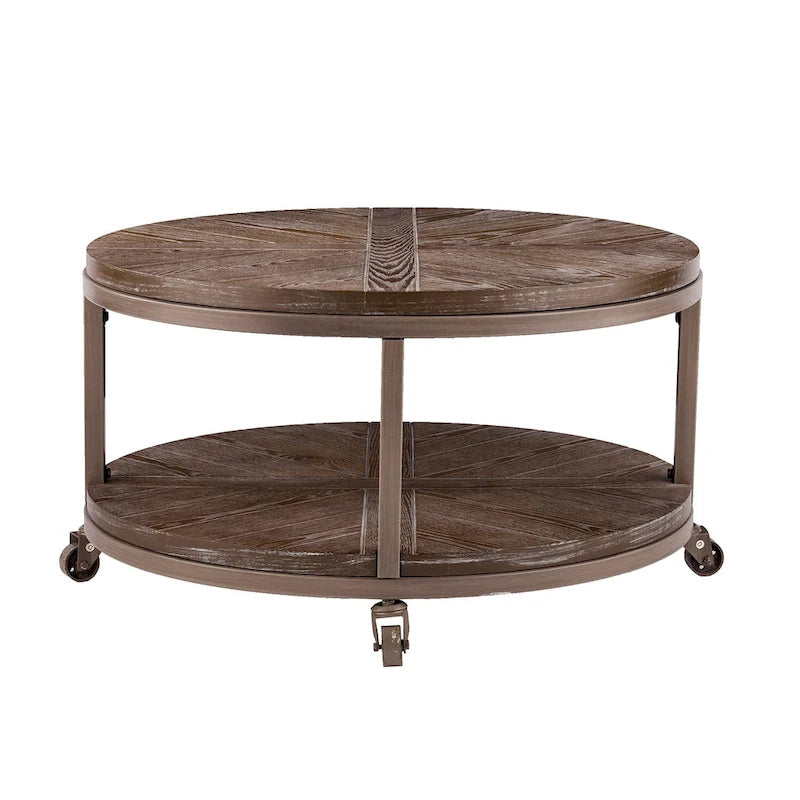 Industrial Rustic Round Wood Coffee Table with Shelf