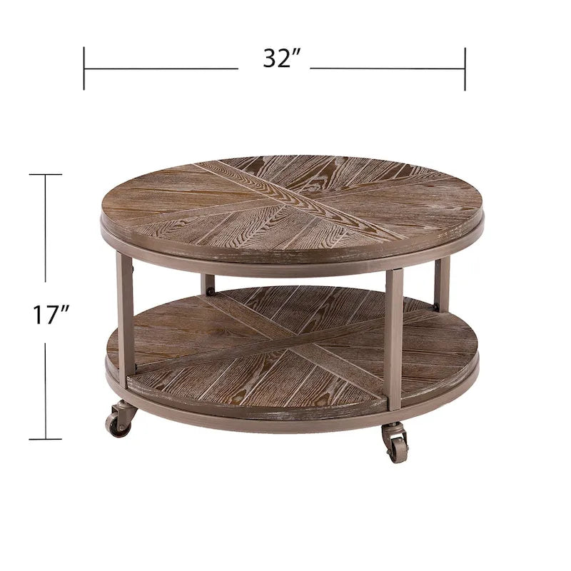Table basse ronde industrielle rustique en bois avec étagère