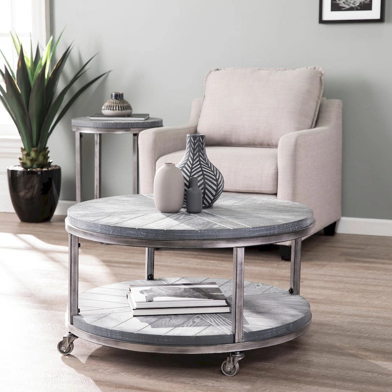Table basse ronde industrielle rustique en bois avec étagère