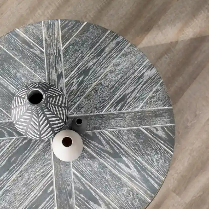Table basse ronde industrielle rustique en bois avec étagère