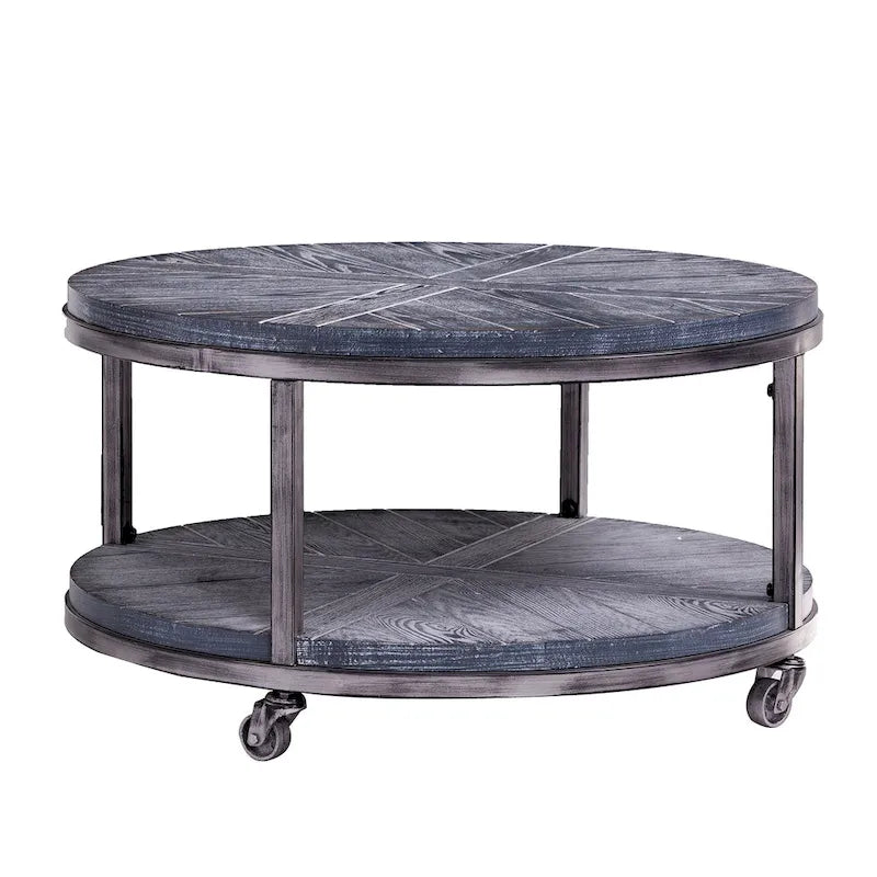 Table basse ronde industrielle rustique en bois avec étagère