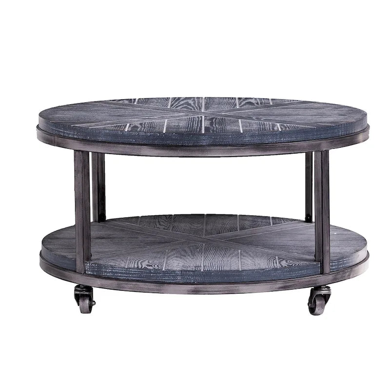 Table basse ronde industrielle rustique en bois avec étagère
