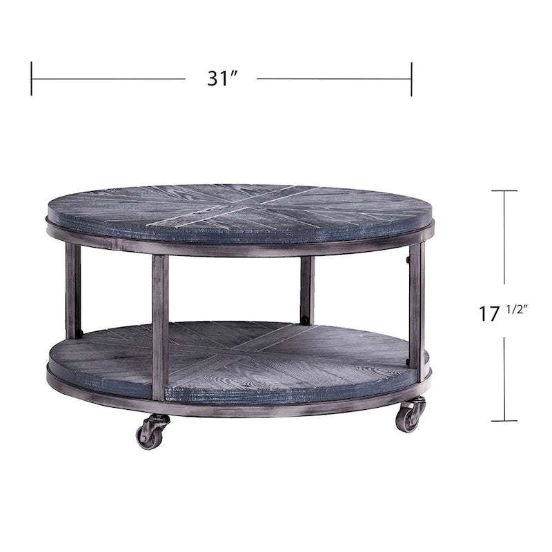 Table basse ronde industrielle rustique en bois avec étagère