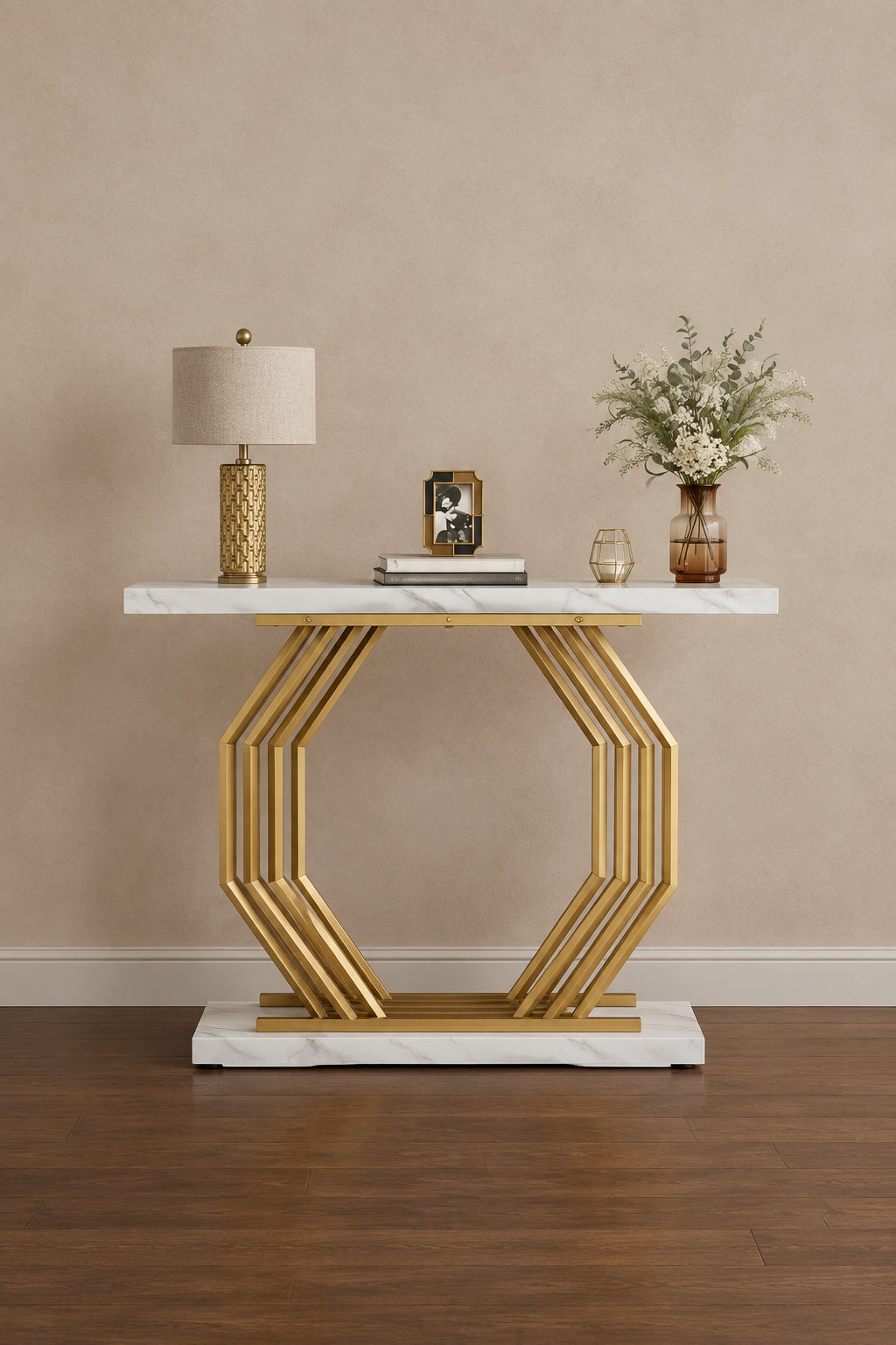 Gold Console Table, Faux Marble Entryway Table Narrow Sofa Table with Geometric Metal Base, 40 Inch Modern Accent Table