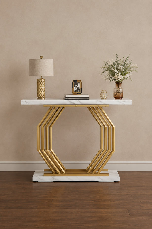 Gold Console Table, Faux Marble Entryway Table Narrow Sofa Table with Geometric Metal Base, 40 Inch Modern Accent Table