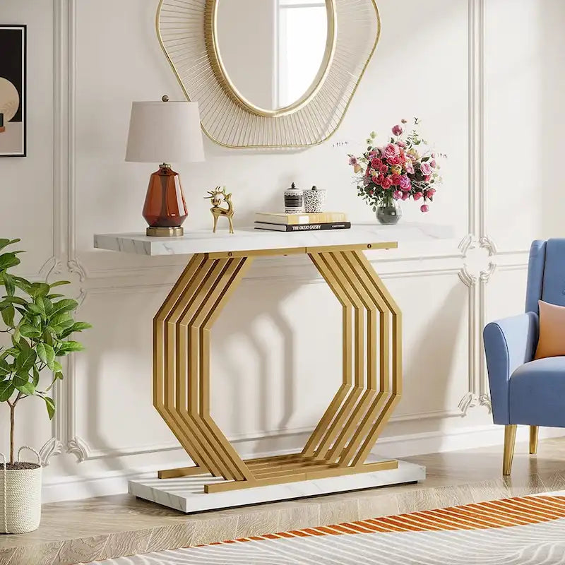 Goldener Konsolentisch, schmaler Eingangs- und Sofatisch in Marmoroptik mit geometrischem Metallgestell, 40-Zoll-moderner Beistelltisch