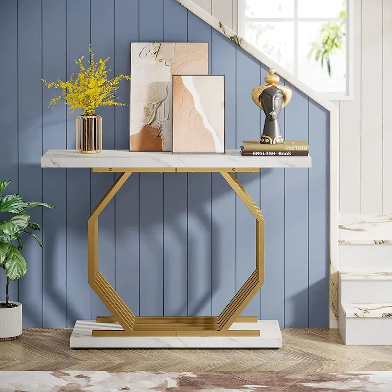 Gold Console Table, Faux Marble Entryway Table Narrow Sofa Table with Geometric Metal Base, 40 Inch Modern Accent Table