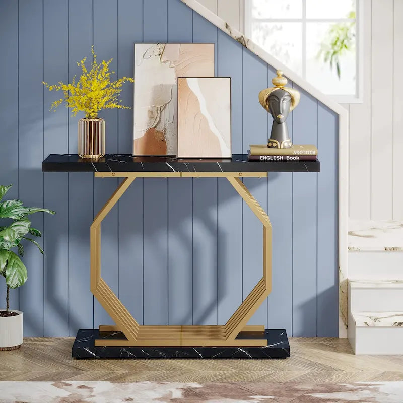 Goldener Konsolentisch, schmaler Eingangs- und Sofatisch in Marmoroptik mit geometrischem Metallgestell, 40-Zoll-moderner Beistelltisch