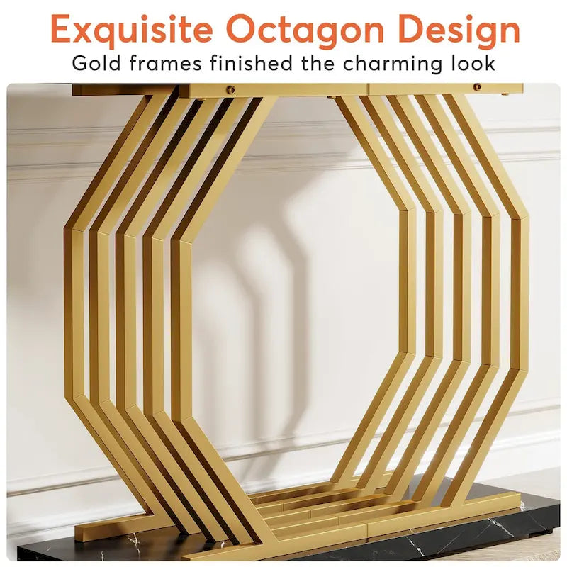 Goldener Konsolentisch, schmaler Eingangs- und Sofatisch in Marmoroptik mit geometrischem Metallgestell, 40-Zoll-moderner Beistelltisch