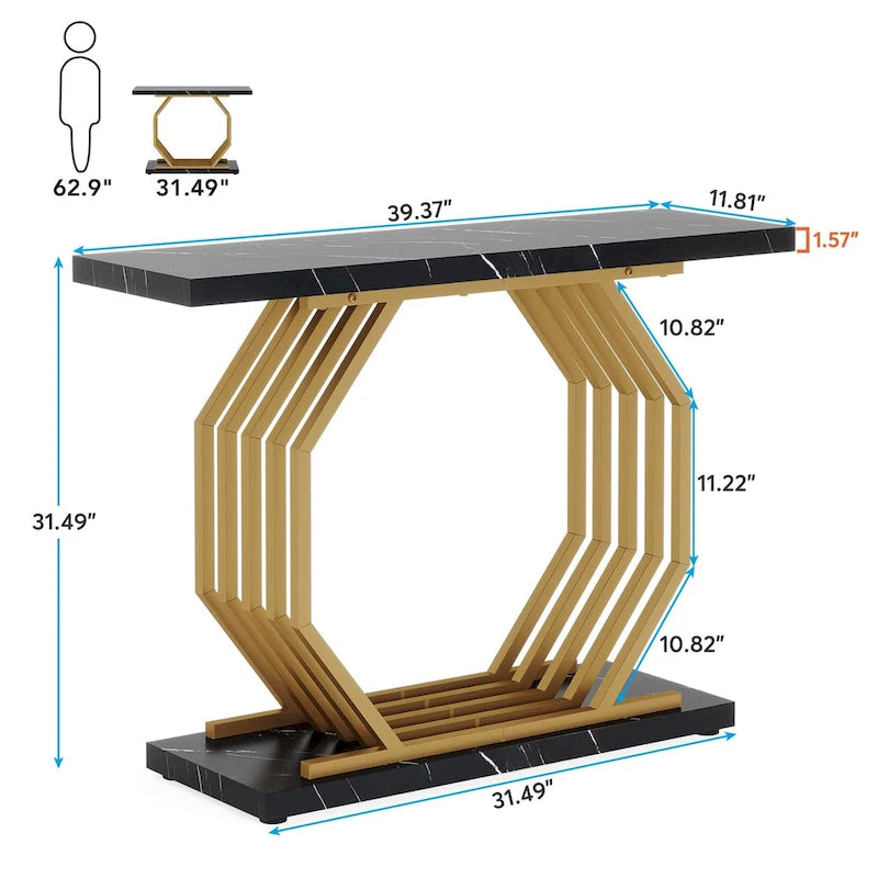 Goldener Konsolentisch, schmaler Eingangs- und Sofatisch in Marmoroptik mit geometrischem Metallgestell, 40-Zoll-moderner Beistelltisch