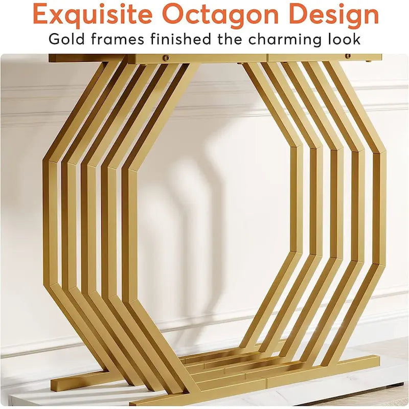 Goldener Konsolentisch, schmaler Eingangs- und Sofatisch in Marmoroptik mit geometrischem Metallgestell, 40-Zoll-moderner Beistelltisch