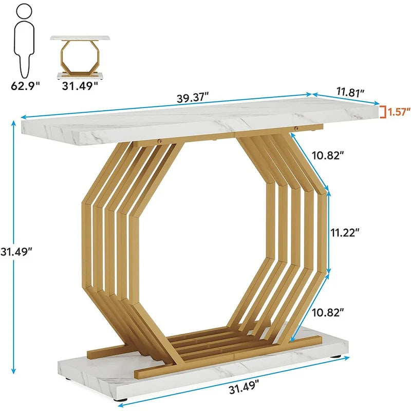 Goldener Konsolentisch, schmaler Eingangs- und Sofatisch in Marmoroptik mit geometrischem Metallgestell, 40-Zoll-moderner Beistelltisch