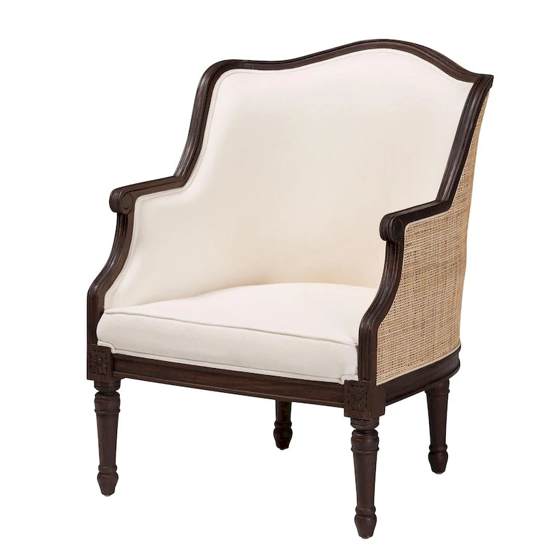Fauteuil d'appoint traditionnel français en tissu beige et bois fini marron foncé