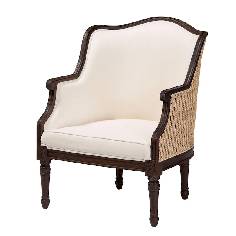 Fauteuil d'appoint traditionnel français en tissu beige et bois fini marron foncé