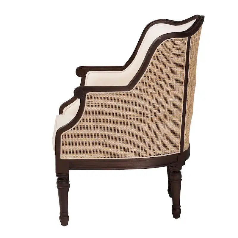 Fauteuil d'appoint traditionnel français en tissu beige et bois fini marron foncé