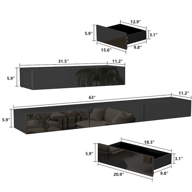 Schwebendes LED-TV-Möbel, Entertainment-Schrank für Zuhause und Büro, 2 STÜCK