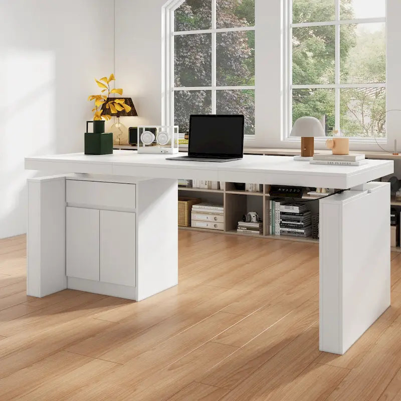 Ergonomischer Sitz-Steh-Schreibtisch in reinem Weiß mit seitlichem Schranktisch