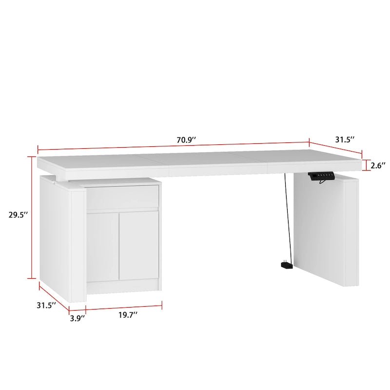 Ergonomischer Sitz-Steh-Schreibtisch in reinem Weiß mit seitlichem Schranktisch