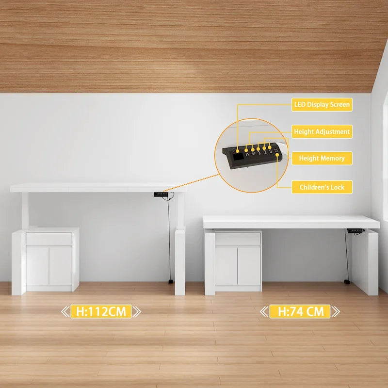 Ergonomischer Sitz-Steh-Schreibtisch in reinem Weiß mit seitlichem Schranktisch